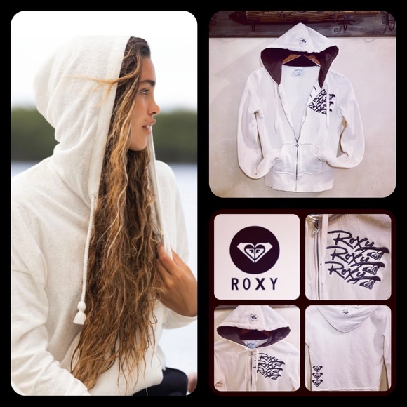 Roxy Tops - 🪘3/$35 New! ROXY ROXY ROXY Embroidered Cotton Hooded Ivory & Brown Sweatshirt-S